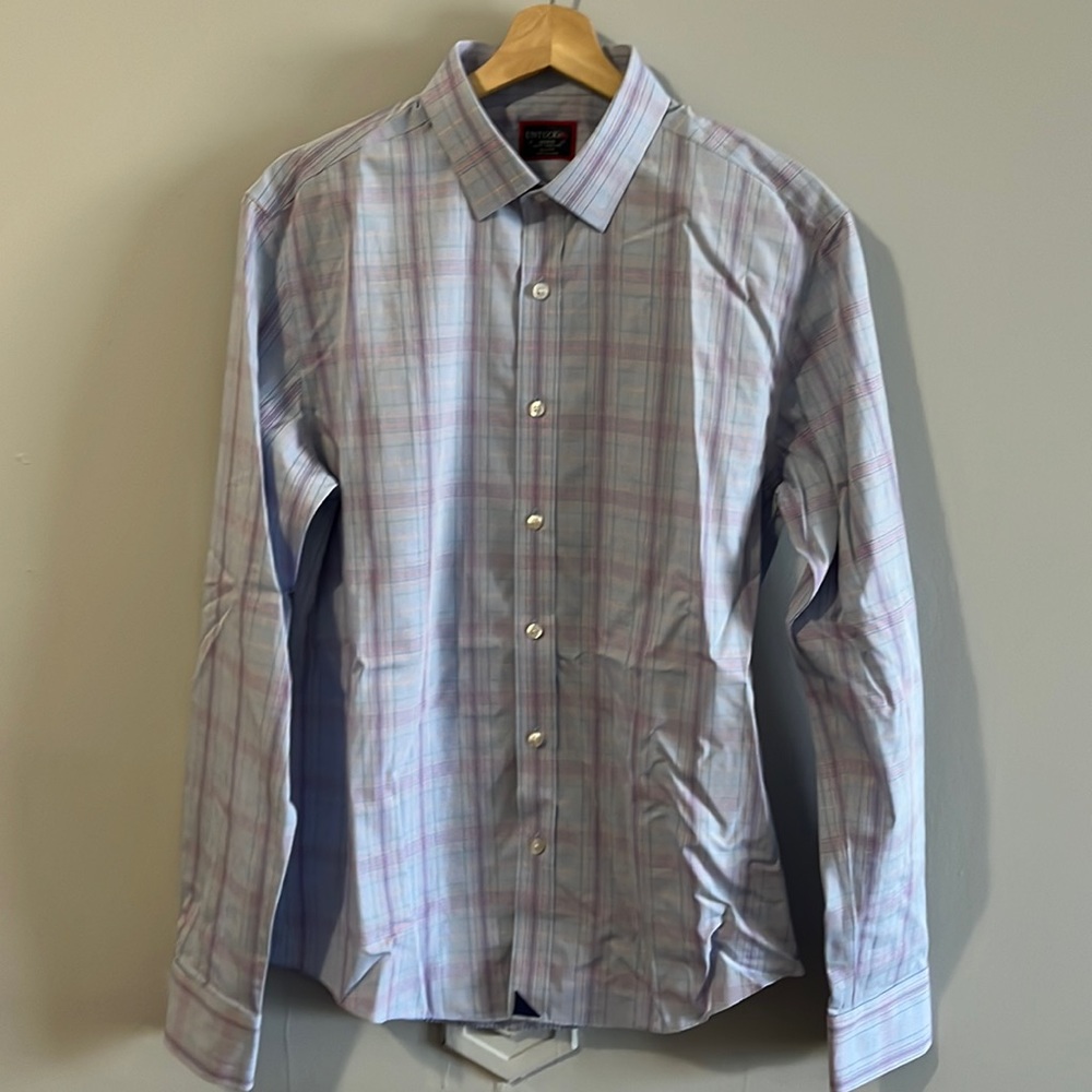Untuckit Mens 100% Cotton Blue and Pink checked shirt sz Medium